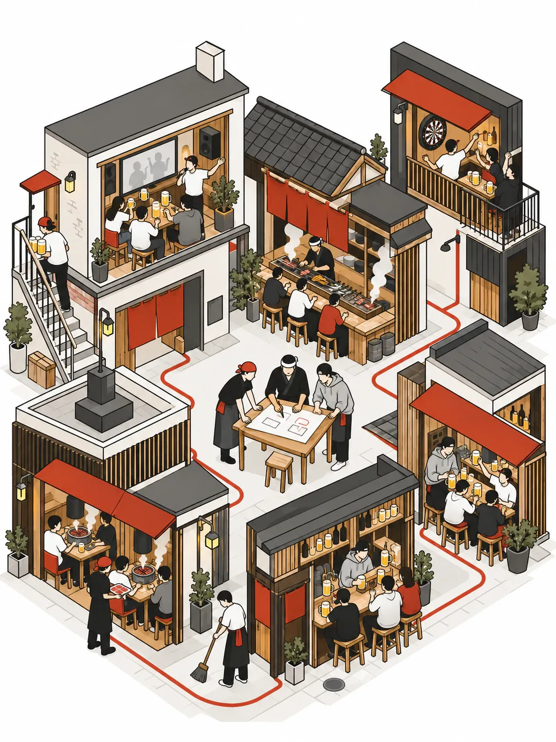 焼肉屋・炉端居酒屋と、カラオケやダーツのあるBarが並ぶ街角で、スタッフがそれぞれの店で働き、中央で3人が白紙を囲んで計画を練るイラスト